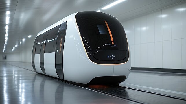 Futuristic concept of high-speed modern train in a white underground tunnel with LED lighting design