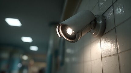 A security camera mounted on a tiled wall, illuminated by a bright light, with a blurred background of a hallway.