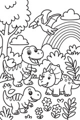 Cute baby dinosaurs in a jungle coloring page