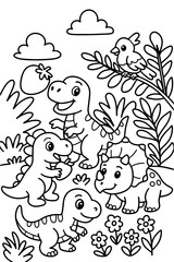 Cute baby dinosaurs in a jungle coloring page