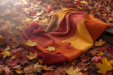 Cozy knitted blanket in autumn leaves warm
