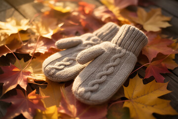 Cozy knitted mittens resting on colorful autumn leaves