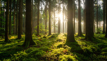 Obraz premium Lush Forest Interior with Sunlight Streaming Through the Trees Illuminating Green Foliage and Mossy Ground