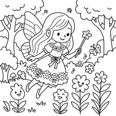Cute fairy in a flower garden coloring page