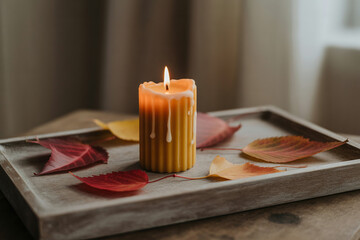 Lit beeswax candle with autumn leaves on tray flame