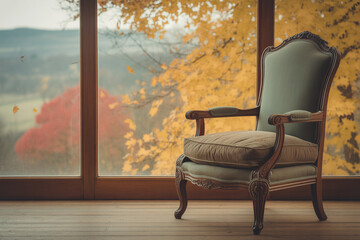 Ornate Armchair by Large Window with Autumn Foliage View