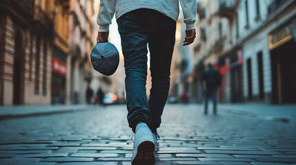 teenager holding cap in hand while walking, urban street in background, natural movement.