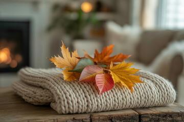 Stacked knitted blanket with autumn leaves in cozy interior