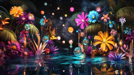 A vibrant, surreal landscape of colorful flowers, palm trees, and floating orbs reflecting in a dark water. Night sky dotted with twinkling lights