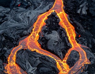 Molten rock flows, creating a striking contrast against cooled lava