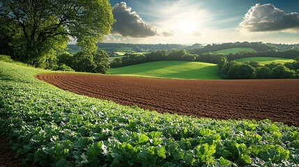 Idyllic farmland landscape featuring verdant fields and ploughed earth under a bright sky