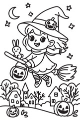 Cute witch flying over town coloring page