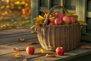 Basket of red apples and autumn leaves on wooden porch