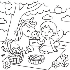 Fairy and Unicorn Picnic Coloring Page