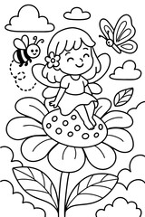 Fairy on Flower with Bee and Butterfly Coloring Page