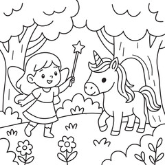 Fairy with Unicorn in Forest Coloring Page