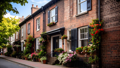 Naklejka premium Picturesque Row Of Brick Buildings Decorated With Vibrant Flowers And Shutters On A Sunny Street