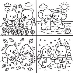 Four seasons with cute animals coloring page