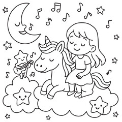 Girl and Unicorn on Cloud Coloring Page