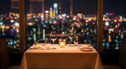 Romantic Dinner Table for Two with a Blurry City Lights View.