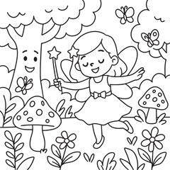 Happy fairy in mushroom forest coloring page