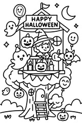 Happy Halloween treehouse coloring page