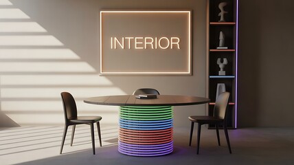 Contemporary Interior with Neon- Lit Table and Word Art furniture