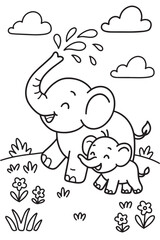 Mother elephant and baby playing coloring page