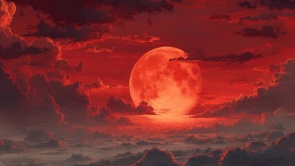 Mysterious red blood moon glowing through dramatic and ominous dark clouds