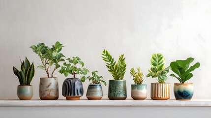 Collection of various houseplants displayed in ceramic pots with isolated background. Potted exotic house plants on white shelf against white wall. Home garden bannerr