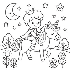 Prince riding a unicorn coloring page