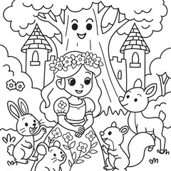 Princess and forest animals coloring page