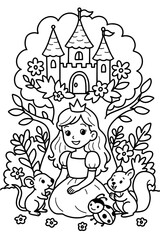 Princess with squirrels in front of a castle coloring page