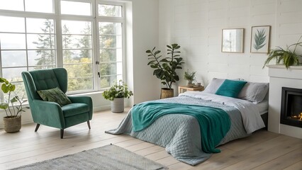 Serene bedroom with plush green armchair and cozy teal bedding