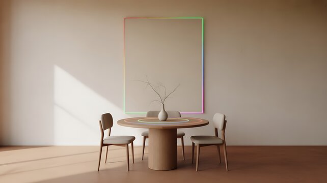 Minimalist Dining Room with Round Table and Chairs and Neon Accents interior furniture - Powered by Adobe