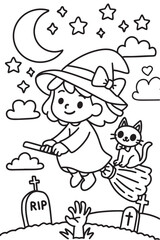 Witch flying on broom with cat coloring page