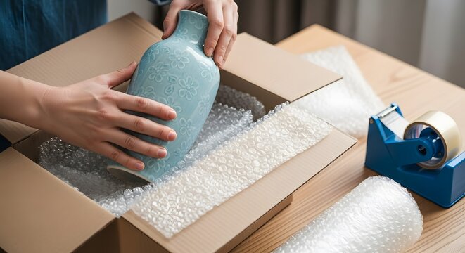 Person carefully packing a blue vase into a cardboard box with protective bubble wrap. - Powered by Adobe