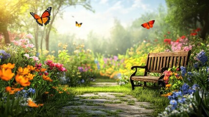 A sunlit garden path with colorful flowers and butterflies, a wooden bench