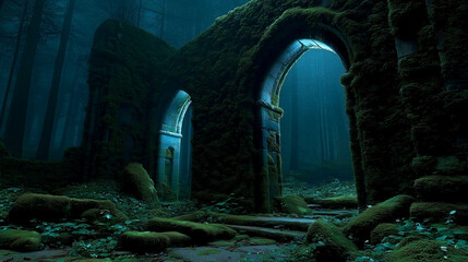 Moss-covered stone archway ruins in dark forest