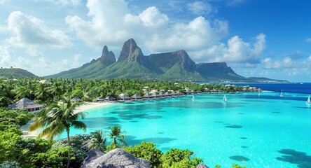 Naklejka premium Luxury Tropical Getaway Overwater Bungalows, Turquoise Waters, Majestic Mountains