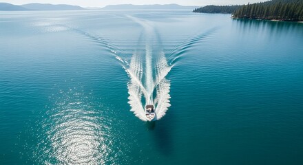 Luxury Motorboat Cruising on Calm Teal Waters Aerial View
