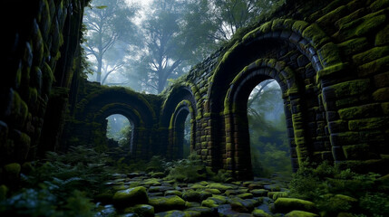 Obraz premium Title: Ancient castle ruins with moss-covered stone arches in forest