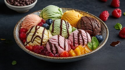 Colorful ice cream scoops in a bowl, topped with chocolate sauce, and garnished with fresh berries and fruit slices