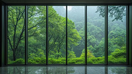 Serene view of lush green forest through large modern panoramic windows creating a calming indoor