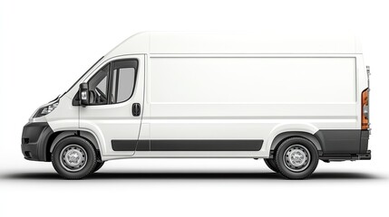 Side view of a modern white delivery van for transporting cargo on white background