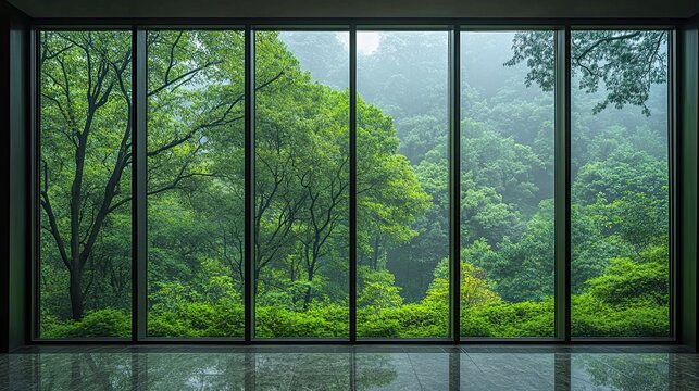 Fototapeta Serene view of lush green forest through large modern panoramic windows creating a calming indoor