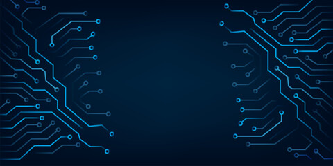 Vector illustration of electronic circuit technology background on dark blue background, representing innovation, IT and digital world for design, poster, website, software advertisement.