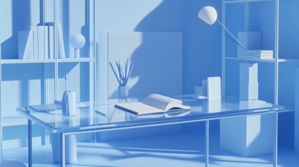 A minimalist, light-blue, modern workspace