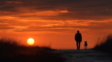 Obraz premium Silhouette of man walking dog at sunset, warm hues for emotional pet bonding scenes, includes copy space for text