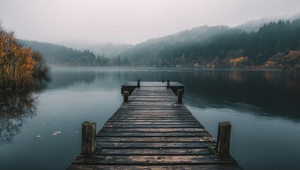 Empty wooden pier extending into a calm lake on a misty autumn morning